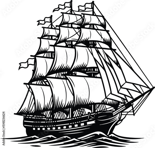 Classic Tall Ship Sailing on Waves - Black and White Vector Graphic.