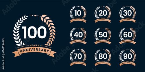 Set of vector icon or logo designs for 10th to 100th anniversary with laurel wreath, in gold color for celebrations, weddings and birthdays