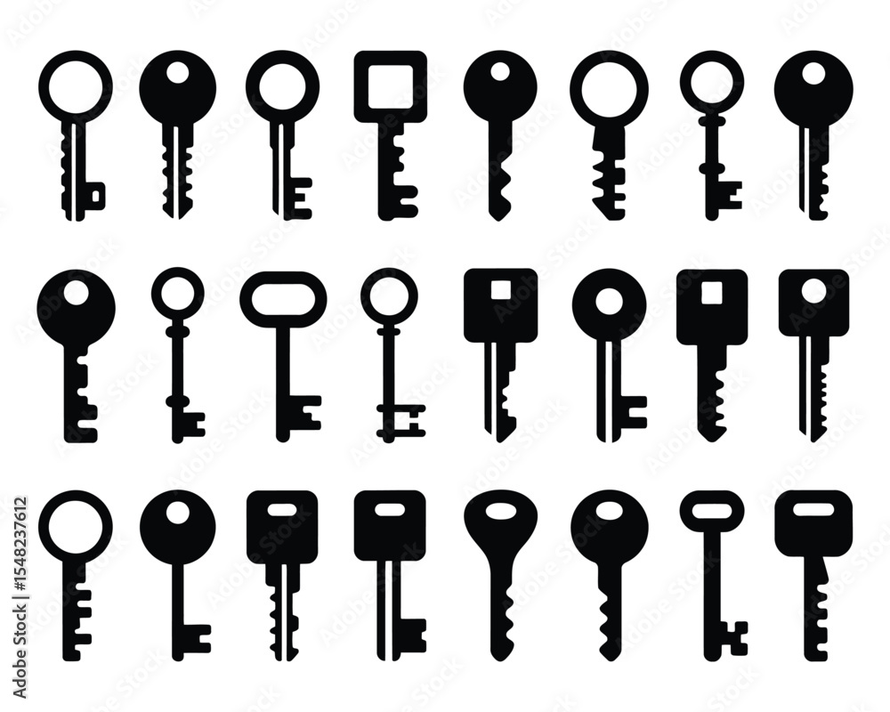Collection of Keys: An array of various keys showcasing a diverse selection of shapes, sizes, and designs for security and access concepts. Collection of Keys: An array of various keys showcasing a diverse selection of shapes, sizes, and designs for security and access concepts.