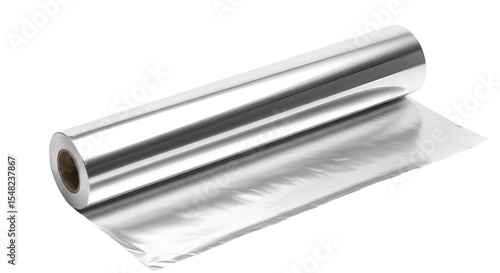 Roll of aluminum foil on a transparent background. The foil is shiny and crumpled at one end, showcasing its reflective surface and versatility in cooking and storage.