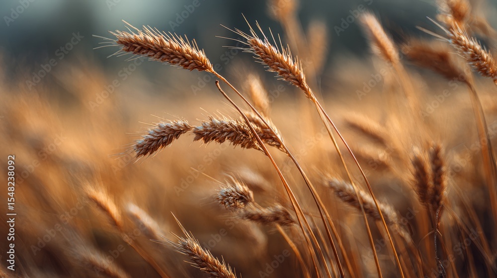 Fototapeta premium Golden wheat field swaying in the breeze under sunlight