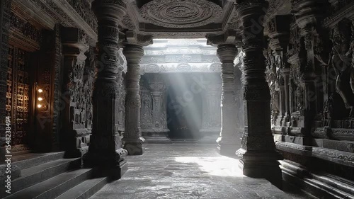 Mystical temple interior with sun rays shining through creating a serene ambiance