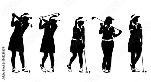 Adobe illustrator artwork vector illustration: A collection of black silhouette vector illustrations showing a female golfer in different positions of her swing