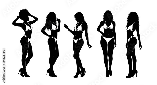 Adobe illustrator artwork vector illustration: Set of diverse female silhouettes in swimwear bikini and high heels stand in various stylish poses against a white background