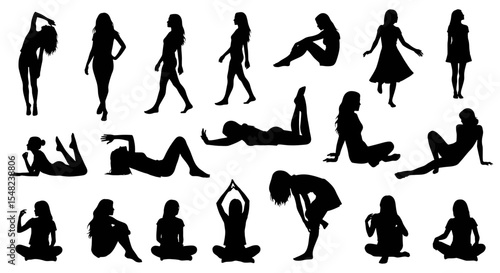 Adobe illustrator artwork vector illustration: A collection of diverse black silhouette vector illustrations of women in various poses, standing, sitting, lying down, and stretching