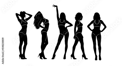 Adobe illustrator artwork vector illustration: Set of diverse female silhouettes in swimwear bikini and high heels stand in various stylish poses against a white background