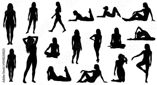 Adobe illustrator artwork vector illustration: A collection of diverse black silhouette vector illustrations of women in various poses, standing, sitting, lying down, and stretching