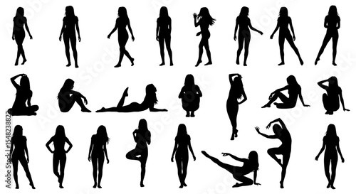 Adobe illustrator artwork vector illustration: A collection of diverse black silhouette vector illustrations of women in various poses, standing, sitting, lying down, and stretching