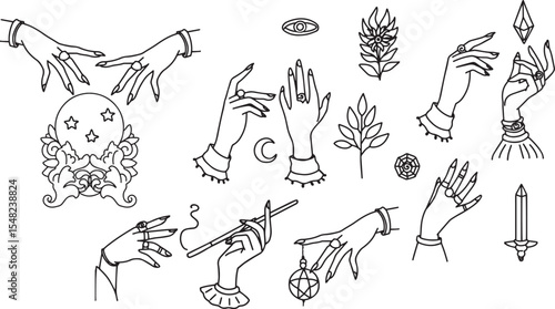 Set fortune teller hands lineart clipart halloween theme magic item witch hand with jewelry black and white minimalistic graphic outline elegant female hands stroke moon flower plant with leaves ink
