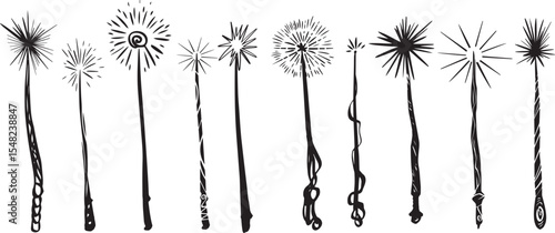 Magic wand line drawing witch theme halloween clipart party invitation flyer gothic style illustration packaging design idea print. Wooden wand accessory sorcerers. Bengal fire new year ink graphic	