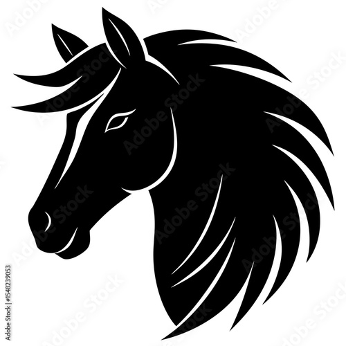A black horse head silhouette is isolated on white background