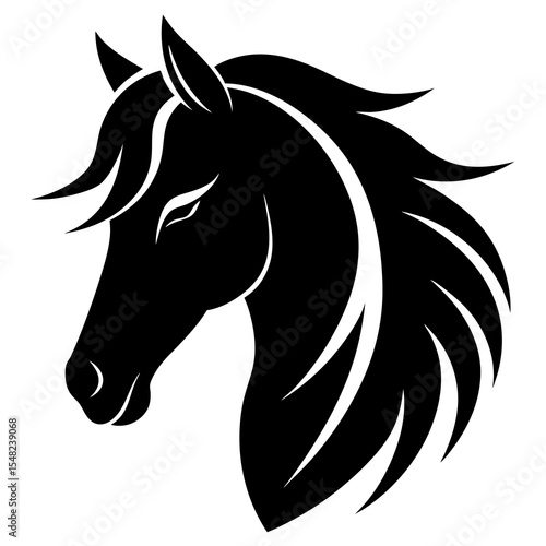 A black horse head silhouette is isolated on white background