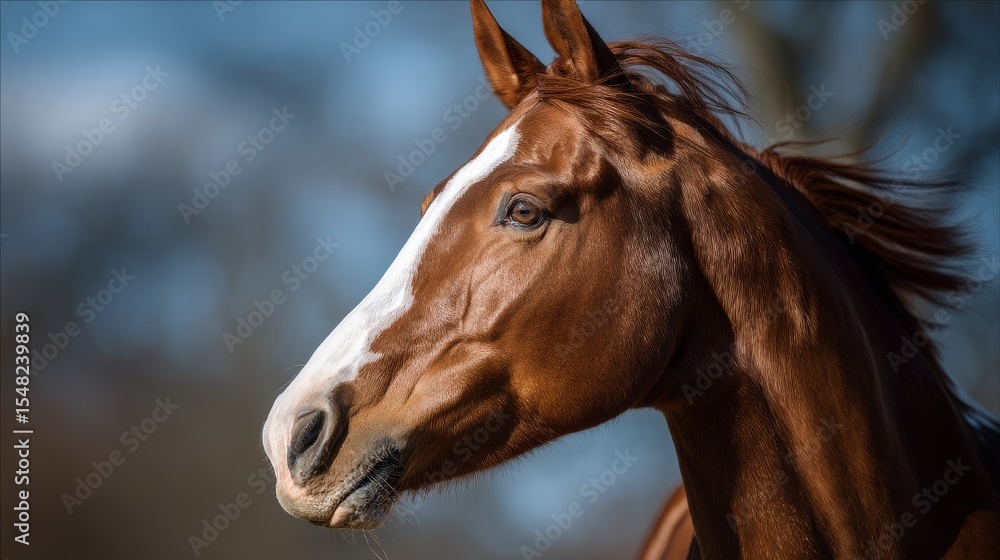Fototapeta premium Majestic chestnut horse with white stripe against blue sky