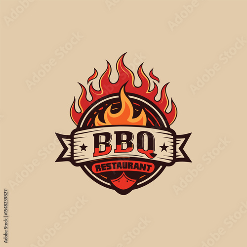 Vintage BBQ Restaurant Logo with Smoke and Flame – Retro Grill Barbecue Emblem Design – Classic Fire Pit Icon for Meat House, Steakhouse, or Food Truck Branding