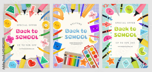 Back-to-School Posters or Flyers. Colorful pencils and mathematics figures. Vector illustration in trendy flat style