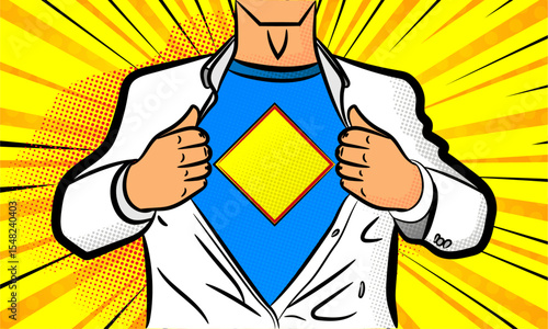 Super hero character opening shirt in a retro pop art style cartoon with halftones