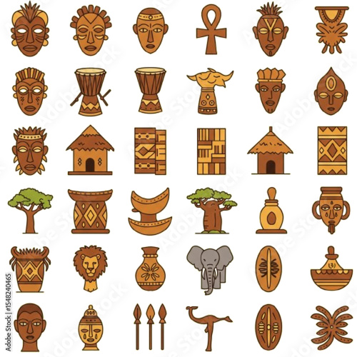 African Cultural Symbols Icon Set – Flat Vector Tribal Elements, Masks, Drums, Patterns
