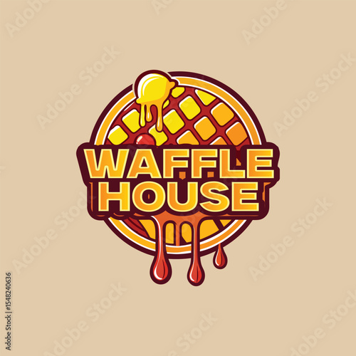 Waffle house logo design with syrup drizzle forming stylish initials, perfect for breakfast restaurant branding, sweet cafe identity, dessert shop vector, modern food business emblem
