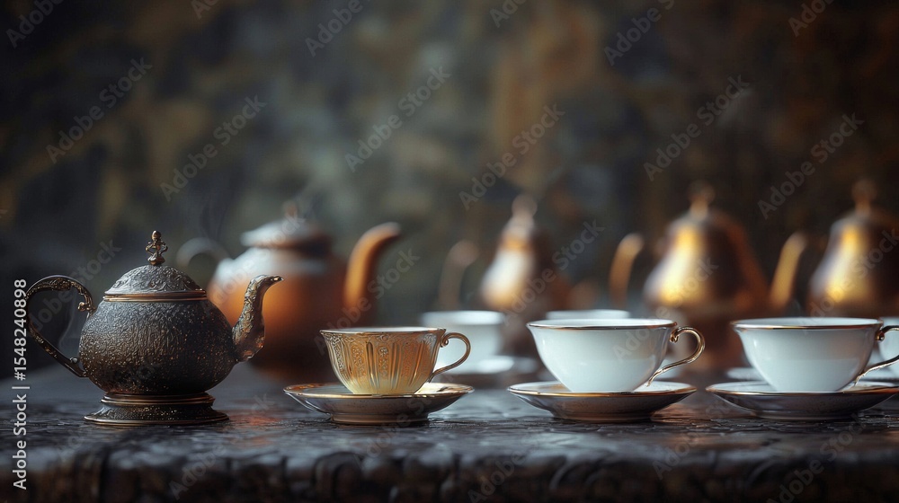 Fototapeta premium Rustic tea ceremony setup with porcelain cups and kettle on wooden table in cozy lighting