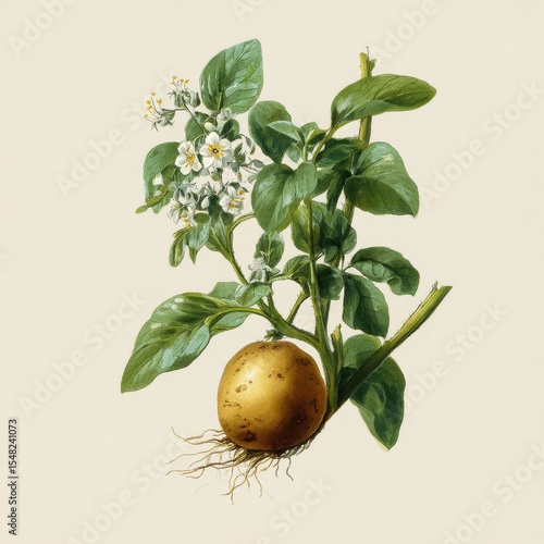 Botanical illustration of potato plant with flowers and rooted tuber