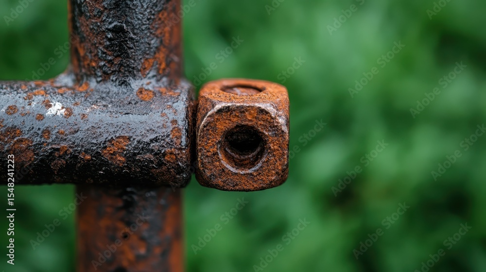 A close-up view of a rusty metal bolt against a backdrop of fresh green grass, contrasting industrial decay with natural vibrancy, highlighting unique textures. A close-up view of a rusty metal bolt against a backdrop of fresh green grass, contrasting industrial decay with natural vibrancy, highlighting unique textures.