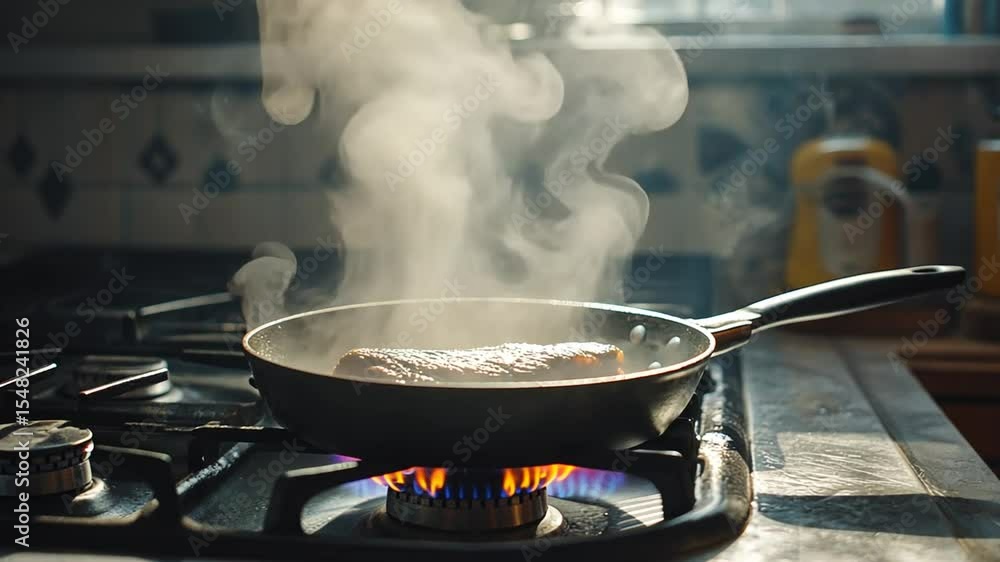 Food cooking in a pan, steam rising Food cooking in a pan, steam rising