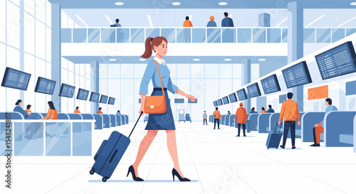 Adobe illustrator artwork vector illustration: A businesswoman travel with a suitcase walks through a modern airport terminal with flight information displays and check-in counters
