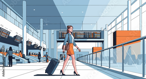 Adobe illustrator artwork vector illustration: A businesswoman travel with a suitcase walks through a modern airport terminal with flight information displays and check-in counters