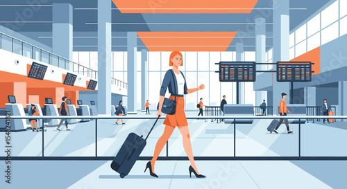 Adobe illustrator artwork vector illustration: A businesswoman travel with a suitcase walks through a modern airport terminal with flight information displays and check-in counters