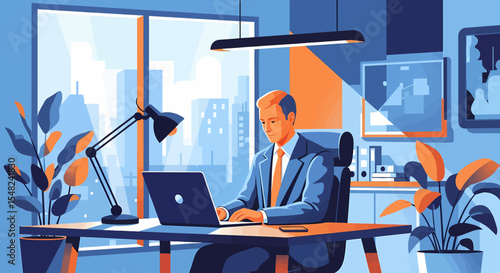 Adobe illustrator artwork vector illustration: A Man manager works at a computer in a modern office with city views, emphasizing individual productivity within a collaborative environment