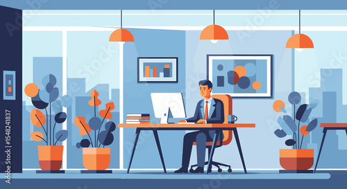 Adobe illustrator artwork vector illustration: A Man manager works at a computer in a modern office with city views, emphasizing individual productivity within a collaborative environment