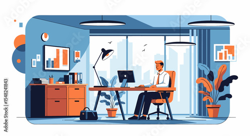 Adobe illustrator artwork vector illustration: A Man manager works at a computer in a modern office with city views, emphasizing individual productivity within a collaborative environment