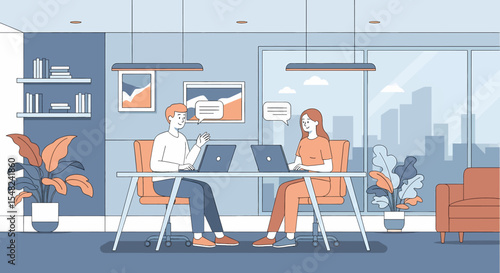 Adobe illustrator artwork vector illustration: Teamwork and collaboration depicted with two professionals working on laptops at separate desks in a modern office, communicating via chat bubbles