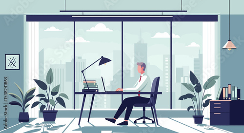 Adobe illustrator artwork vector illustration: A Man manager works at a computer in a modern office with city views, emphasizing individual productivity within a collaborative environment
