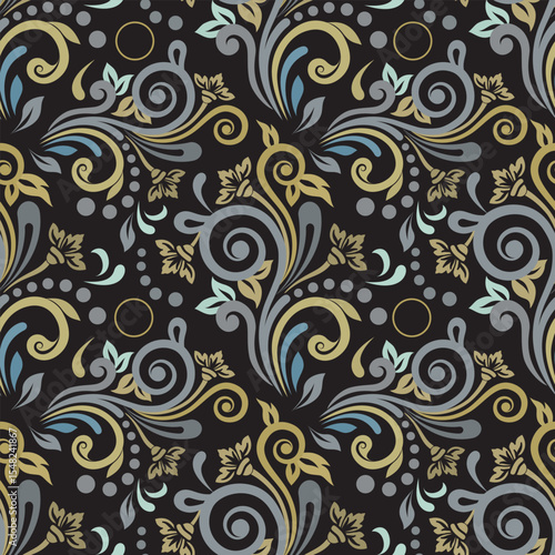 Luxury damask pattern in gold, teal, and gray for opulent and elegant designs. Vector seamless border in Victorian style. Vector, illustration.