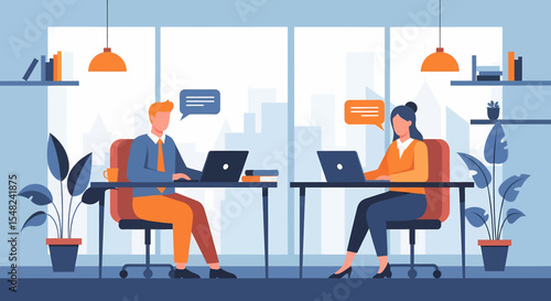 Adobe illustrator artwork vector illustration: Teamwork and collaboration depicted with two professionals working on laptops at separate desks in a modern office, communicating via chat bubbles
