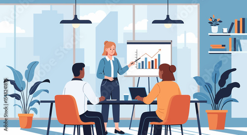 Adobe illustrator artwork vector illustration: Teamwork and collaboration in a business presentation as a diverse group gathers around a table, watching a presenter at a whiteboard displaying a chart