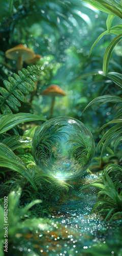 Sunlight filters through dense foliage of tropical forest, illuminating green palm fronds