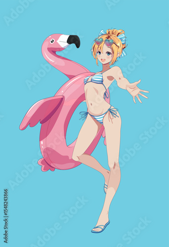 Anime style girl with cheerful expression in a striped bikini and flamingo float. She stands playfully against a solid blue background. Vibrant summer illustration.
