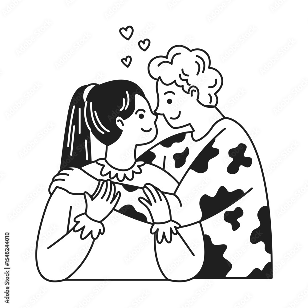 Obraz premium Illustration of a couple embracing with content smiles in a touching moment. Black and white style emphasizes love and connection, with hearts floating above.