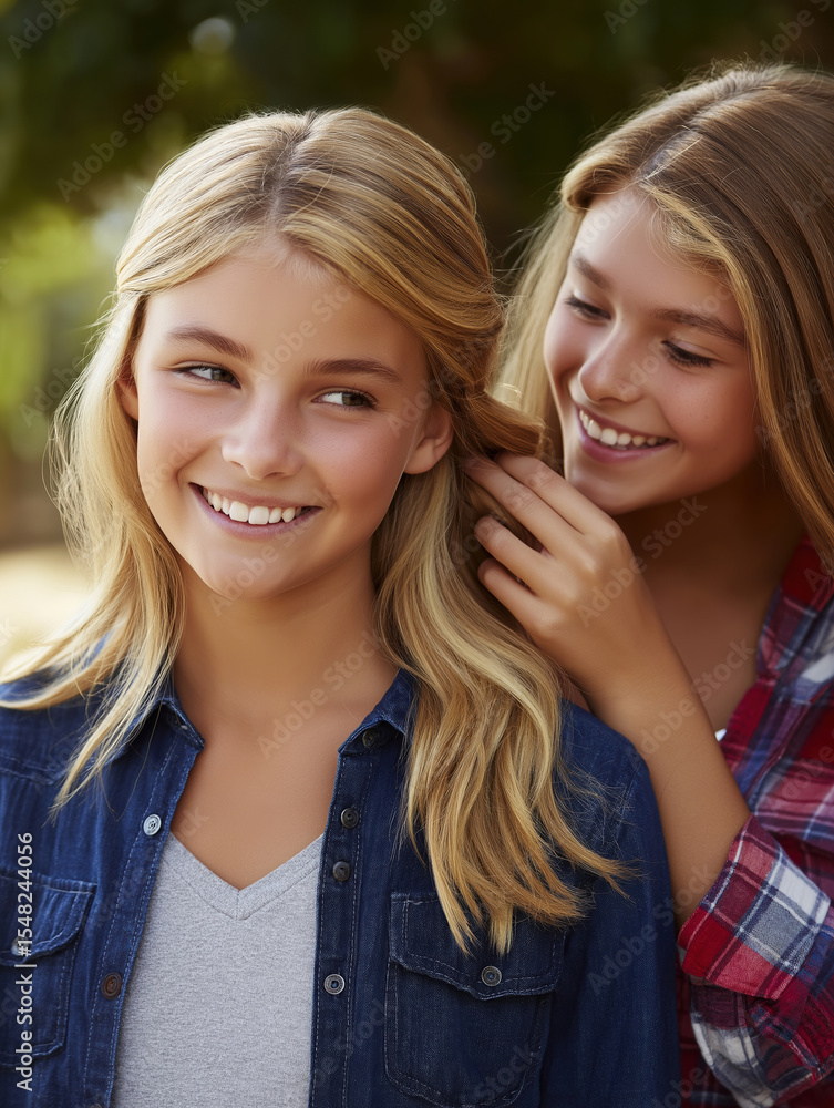 Obraz premium Friends enjoying a joyful moment outdoors while playing with hair on a sunny day