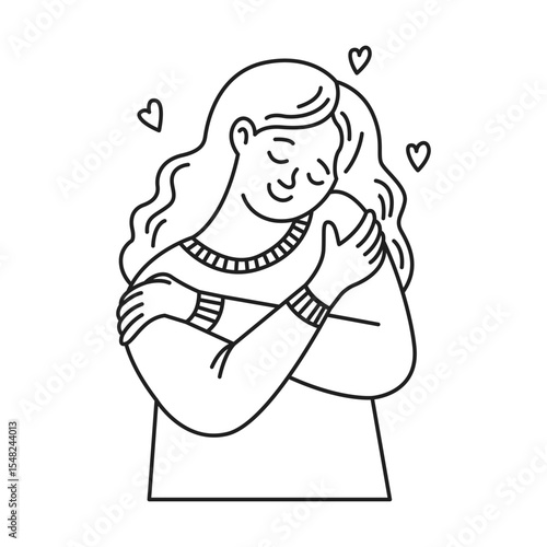 Line art of a smiling woman hugging herself surrounded by hearts. The illustration conveys selflove and positivity. Black and white style emphasizes simplicity.