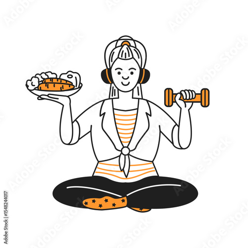 Illustration of a woman balancing fitness and nutrition. She sits crosslegged with a plate of salad and a dumbbell. Bright colors set an energetic mood.