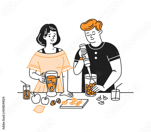 Illustration of a cheerful couple preparing fresh fruit smoothies. One is blending fruits while the other holds a glass. Simple design with orange accents on a white background.