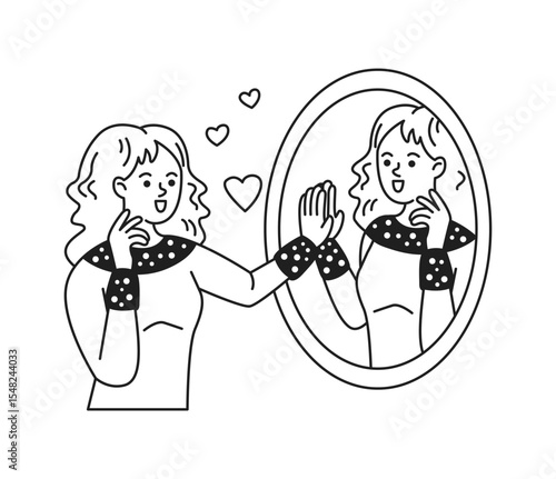 Black and white illustration of a cheerful woman admiring herself in a mirror with heart symbols. The image conveys selflove and happiness in a simplistic style.