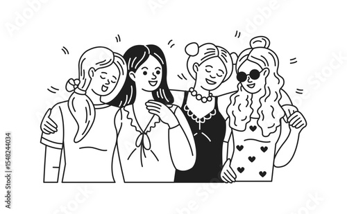 Illustration of four joyful women in simple line art. They stand closely with cheerful expressions, celebrating friendship. Black and white drawing suitable for casual themes.