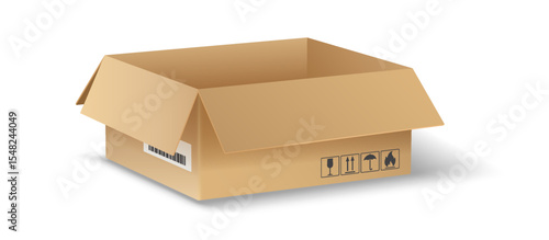 Illustration of an open cardboard box with printed icons in a realistic style on a clean white background. Used for packaging, shipping concepts, or storage solutions.