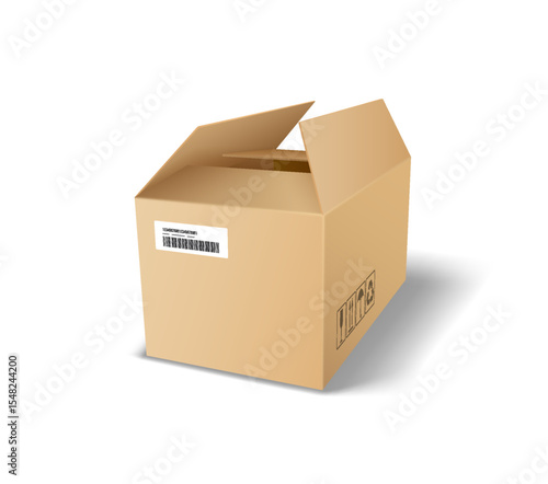Illustration of an open cardboard box, showcasing a barcode and handling symbols. The box is set against a white background, highlighting its practical design.