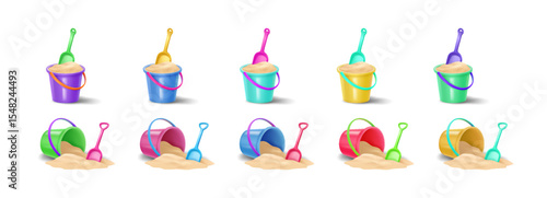 Brightly colored sand buckets with matching shovels on a white background. Some buckets are upright filled with sand while others are overturned spilling sand onto the ground.