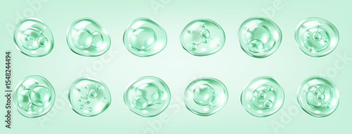 Collagen molecules bouncing in transparent bubbles realistic color icons set. Serum for skincare 3d objects bundle on green background